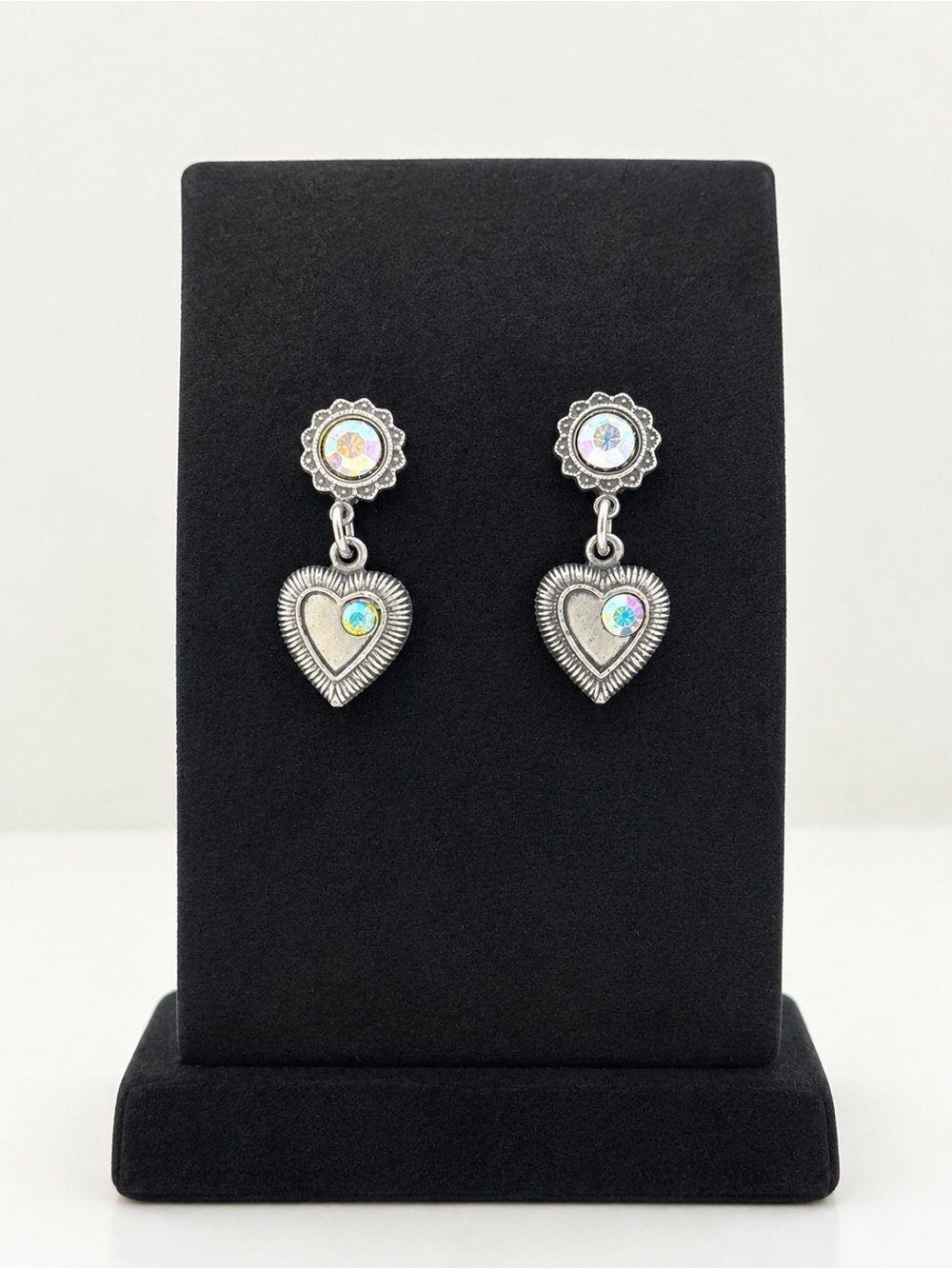 Silver Heart Drop Earrings with Iridescent Crystals